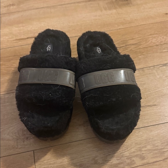 UGG Shoes - UGG Black Fluffy Slides with Gray Strap